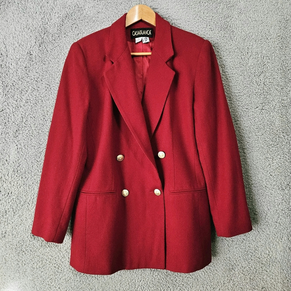Casablanca Vintage Red Wool Blazer Sz 8 10 Double Breasted Gold Buttons Women's